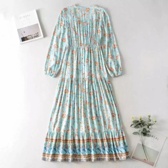 Bohemian Floral Light Blue Long Sleeve Dress - Picture 4 of 13